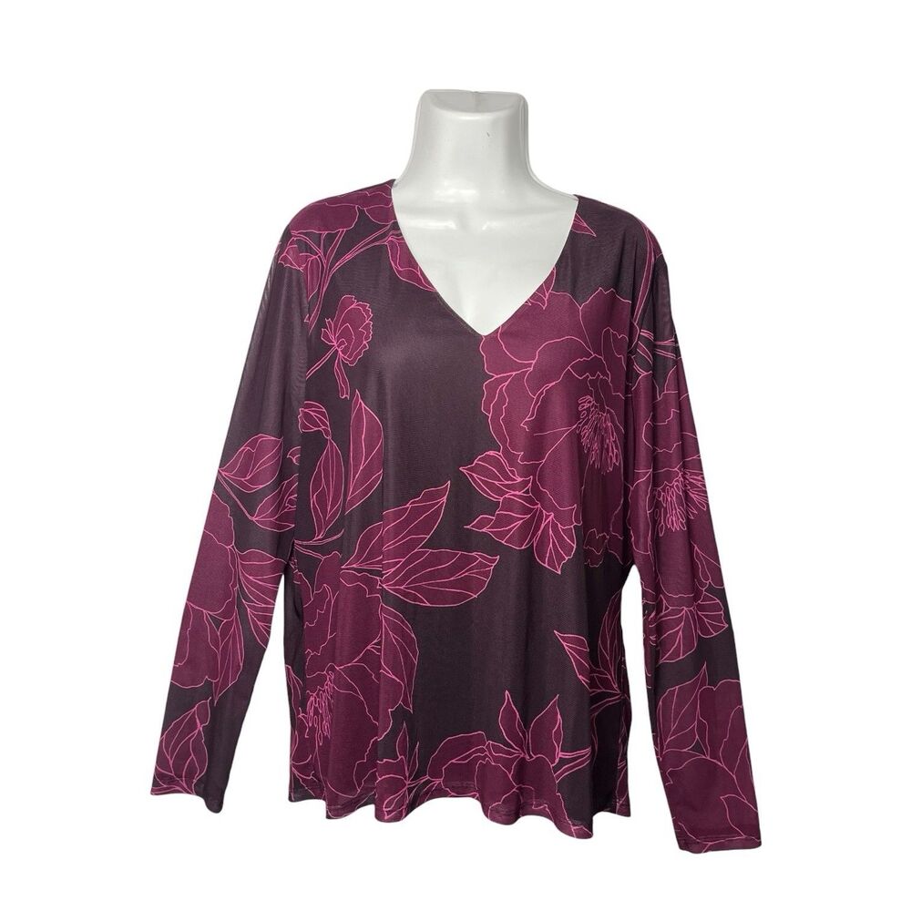 Les Serein Mesh Top XL Purple Floral Whimsygoth Boho V-Neck Long Sleeve Blouse